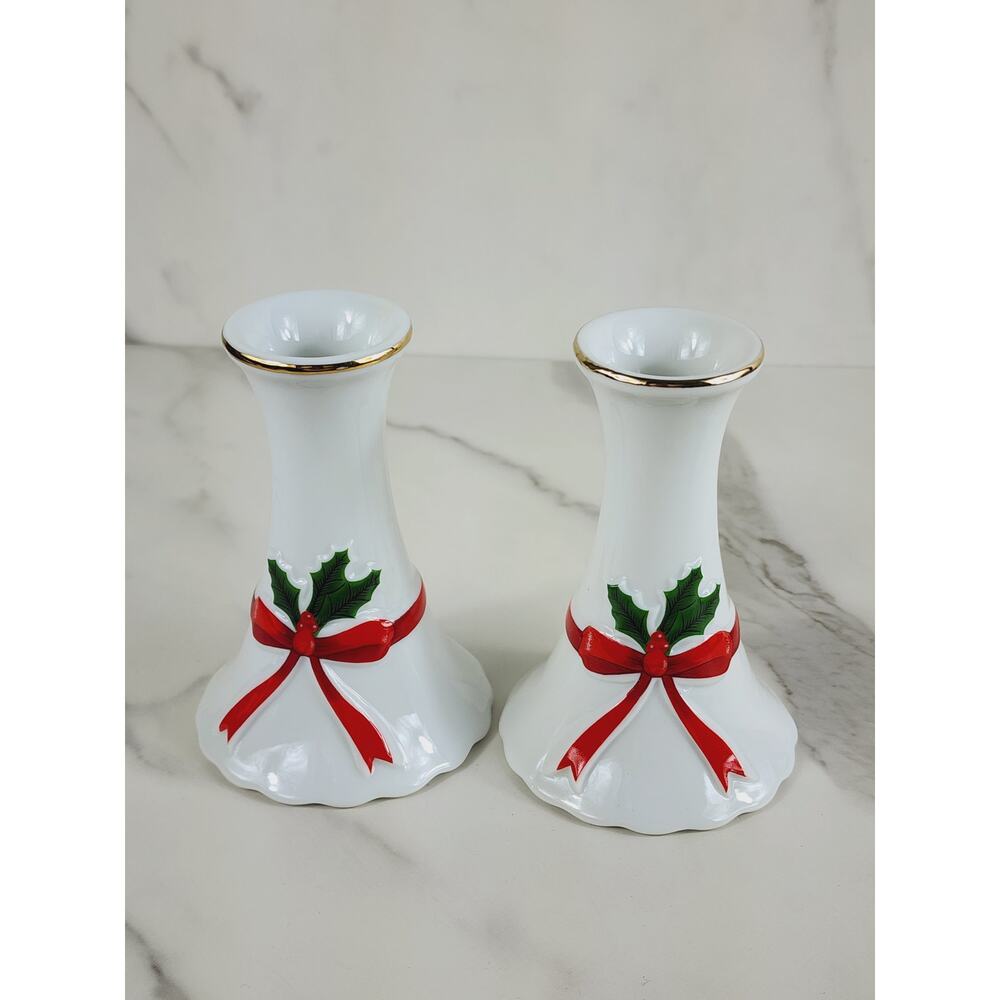 Mount Clemens Christmas Candle Holder Pottery 4 1/2" Porcelain 90s Japan x2